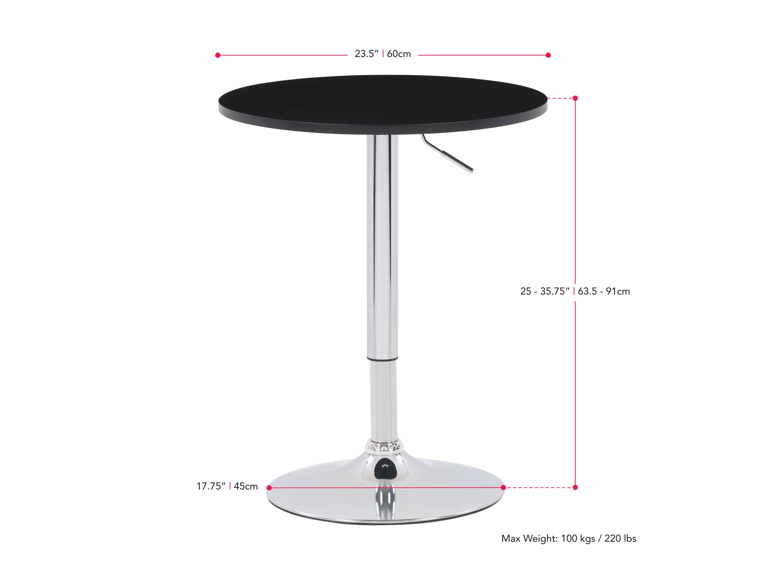 black Adjustable Height Round Bar Table Maya Collection measurements diagram by CorLiving#color_black